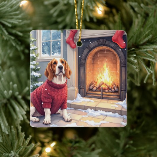 Watercolor Basset Hound Cozy Fireplace Christmas セラミックオーナメント (ツリー)