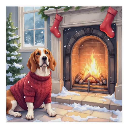 Watercolor Basset Hound Cozy Fireplace Christmas ポスター (正面)