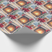 Watercolor Basset Hound Cozy Fireplace Christmas ラッピングペーパー (角)