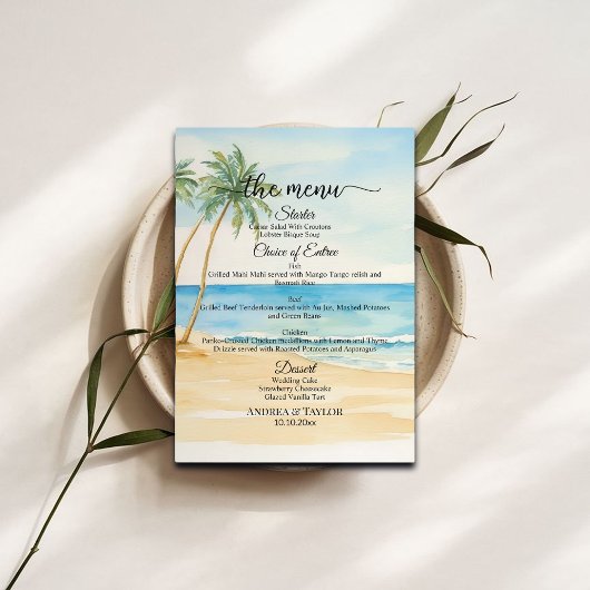 Watercolor Beach and Palm Trees Wedding Menu メニュー