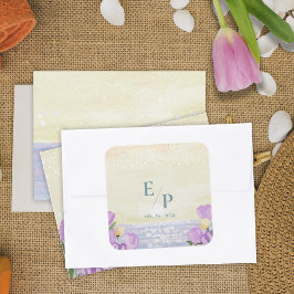 Watercolor Beach Coastal Floral Monogram Wedding スクエアシール