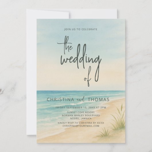 Watercolor Beach Coastal Wedding 招待状 (正面)