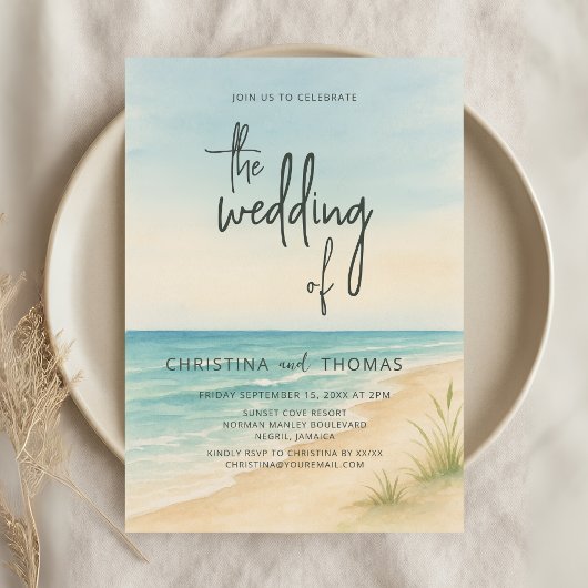 Watercolor Beach Coastal Wedding 招待状