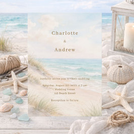 Watercolor beach coatal modern wedding 招待状