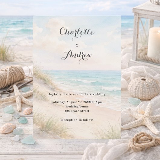 Watercolor beach coatal modern wedding 招待状