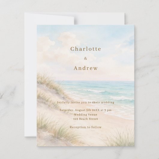 Watercolor beach coatal modern wedding invitation (正面)