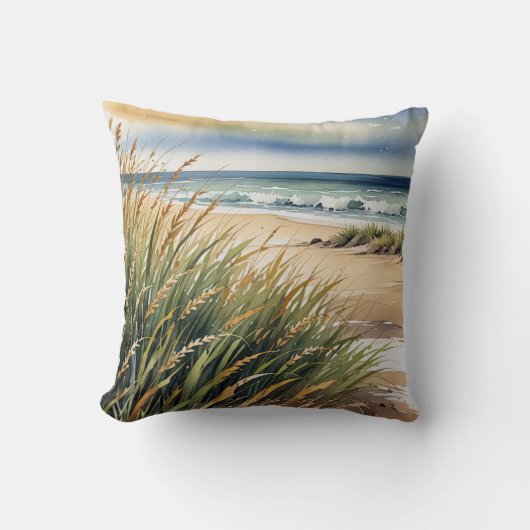 Watercolor Beach Grass and Ocean Scene クッション (正面)