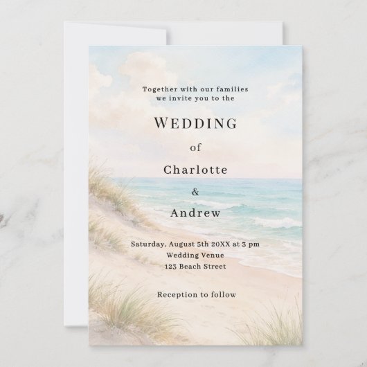 Watercolor beach sand dunes wedding 招待状 (正面)