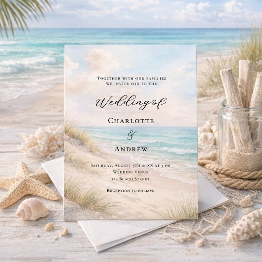 Watercolor beach sand dunes wedding 招待状