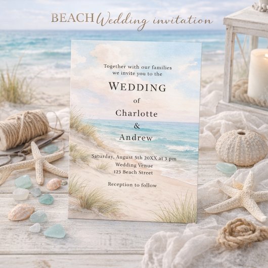 Watercolor beach sand dunes wedding 招待状