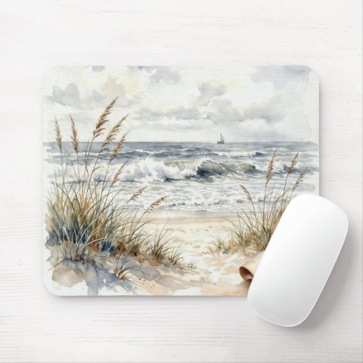 Watercolor Beach Scene with Curled Page マウスパッド (マウス)