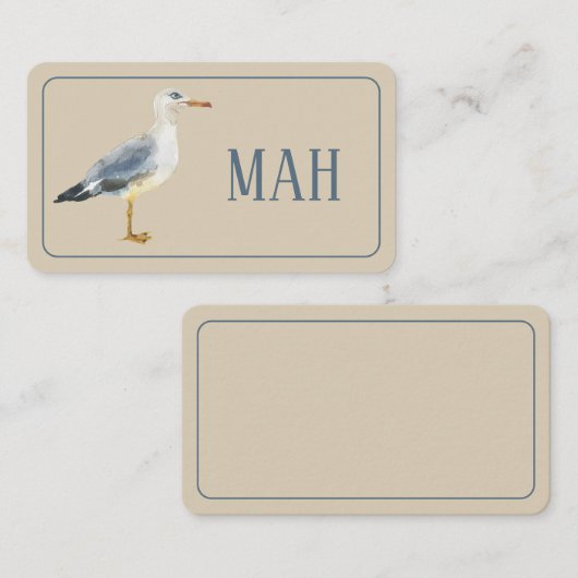 Watercolor Beach Seagull Monogram ノートカード (正面/裏面)