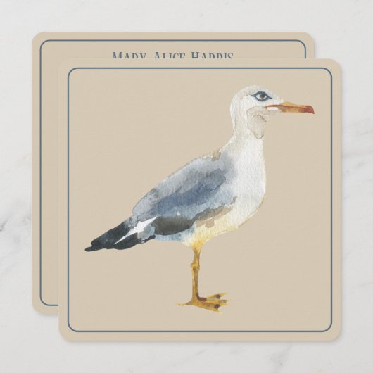 Watercolor Beach Seagull Personalized ノートカード (正面/裏面)