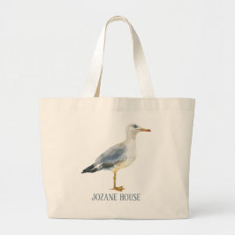 Watercolor Beach Seagull Personalized ラージトートバッグ
