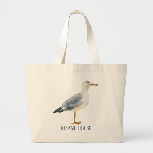 Watercolor Beach Seagull Personalized ラージトートバッグ (正面)