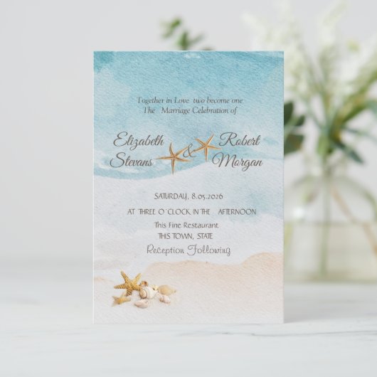Watercolor Beach Seashells Sand Wedding  招待状 (スタンド正面)