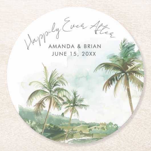 Watercolor Beach Wedding Happily Ever After ラウンドペーパーコースター (正面)