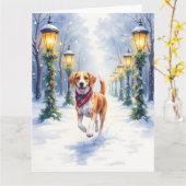 Watercolor Beagle Snowy Park Christmas Holiday カード (黄色い花)