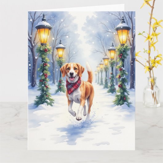 Watercolor Beagle Snowy Park Christmas Holiday カード (黄色い花)