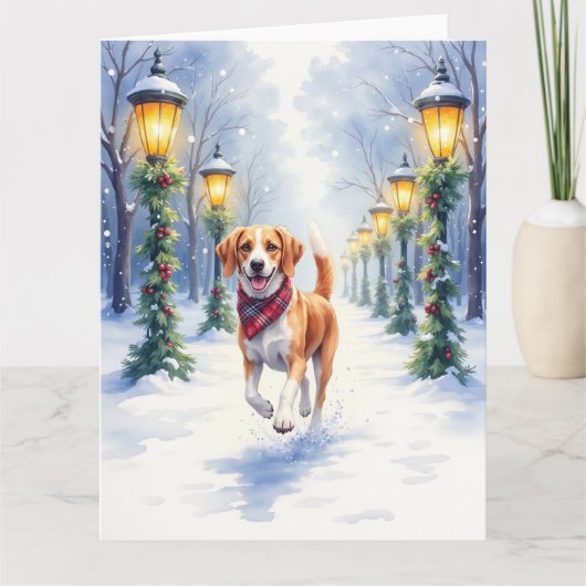 Watercolor Beagle Snowy Park Christmas Holiday カード (正面)