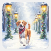 Watercolor Beagle Snowy Park Christmas Holiday スクエアシール (正面)