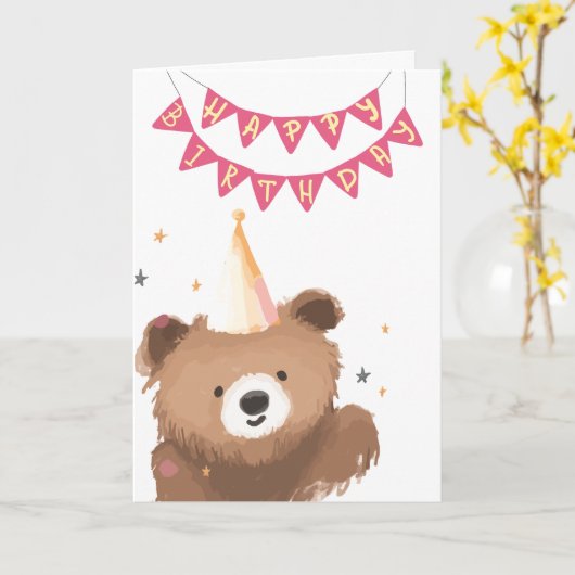 Watercolor Bear Birthday Greeting カード (黄色い花)