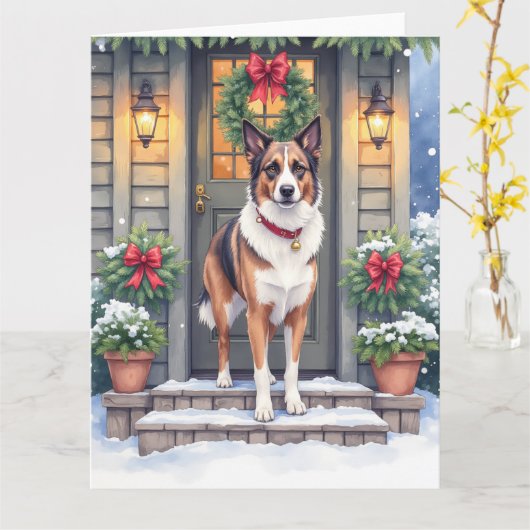 Watercolor Beauceron Rustic Porch Christmas カード (黄色い花)