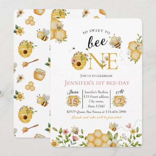 Watercolor Bee First Birthday Invitation 招待状 (正面/裏面)