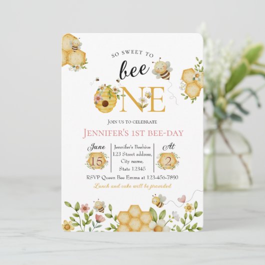 Watercolor Bee First Birthday Invitation 招待状 (スタンド正面)