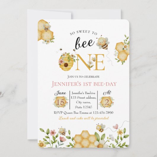 Watercolor Bee First Birthday Invitation 招待状 (正面)