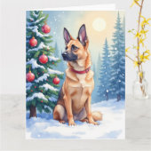Watercolor Belgian Malinois Evergreen Christmas カード (黄色い花)