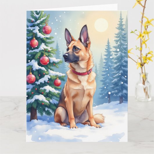 Watercolor Belgian Malinois Evergreen Christmas カード (黄色い花)