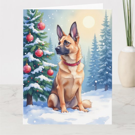 Watercolor Belgian Malinois Evergreen Christmas カード (正面)