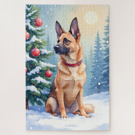 Watercolor Belgian Malinois Evergreen Christmas ジグソーパズル (縦)