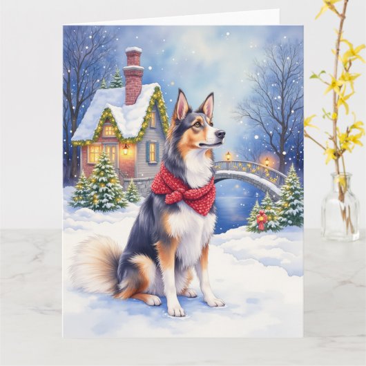 Watercolor Belgian Sheepdog Winter Christmas カード (黄色い花)