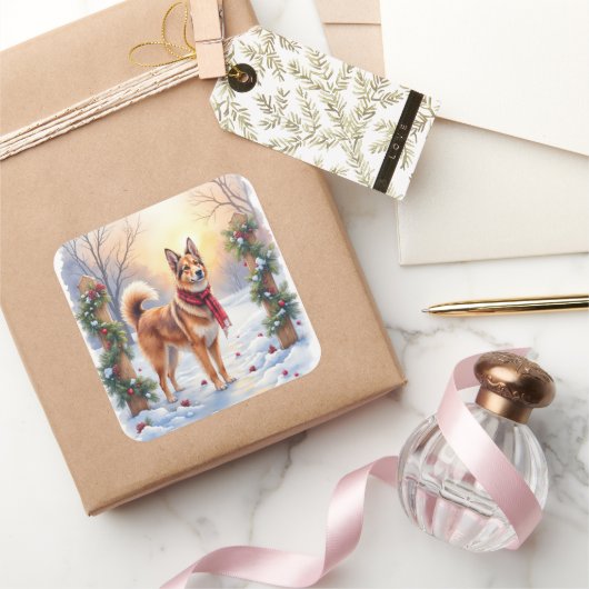 Watercolor Belgian Tervuren Garland Christmas スクエアシール (ギフト)