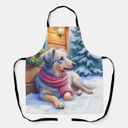 Watercolor Bergamasco Shepherd Cabin Christmas エプロン (正面)