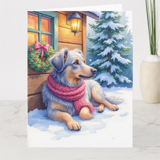 Watercolor Bergamasco Shepherd Cabin Christmas カード (正面)