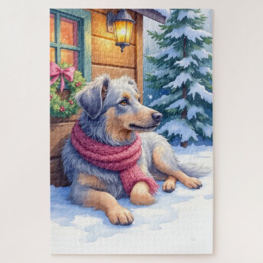 Watercolor Bergamasco Shepherd Cabin Christmas ジグソーパズル (縦)