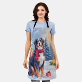 Watercolor Bernese Mountain Dog Sleigh Christmas エプロン (着用した状態)