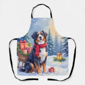 Watercolor Bernese Mountain Dog Sleigh Christmas エプロン (正面)