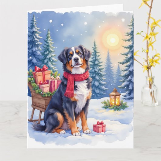 Watercolor Bernese Mountain Dog Sleigh Christmas カード (黄色い花)
