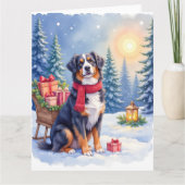 Watercolor Bernese Mountain Dog Sleigh Christmas カード (正面)