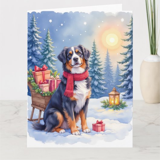 Watercolor Bernese Mountain Dog Sleigh Christmas カード (正面)