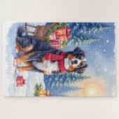 Watercolor Bernese Mountain Dog Sleigh Christmas ジグソーパズル (横)