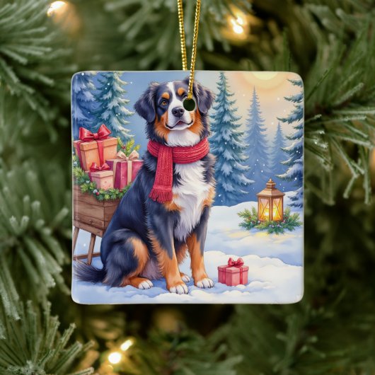 Watercolor Bernese Mountain Dog Sleigh Christmas セラミックオーナメント (ツリー)