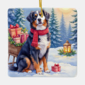 Watercolor Bernese Mountain Dog Sleigh Christmas セラミックオーナメント (正面)