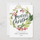 Watercolor Berries and Greenery Wreath Holiday シーズンカード (正面)