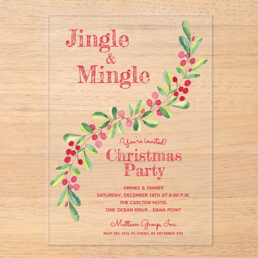 Watercolor Berries Greenery Christmas アクリル招待状 (正面)
