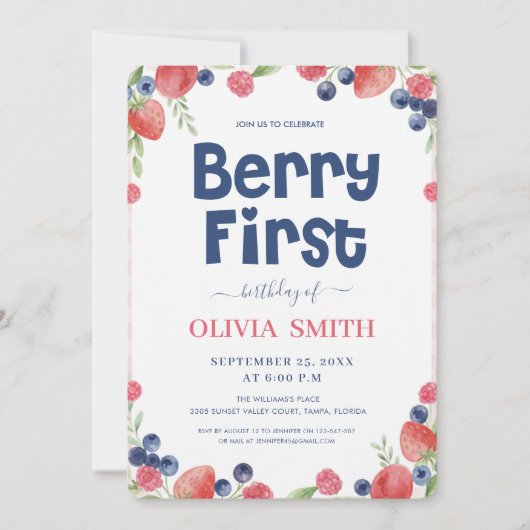 Watercolor Berry First Birthday 1st Birthday  招待状 (正面)